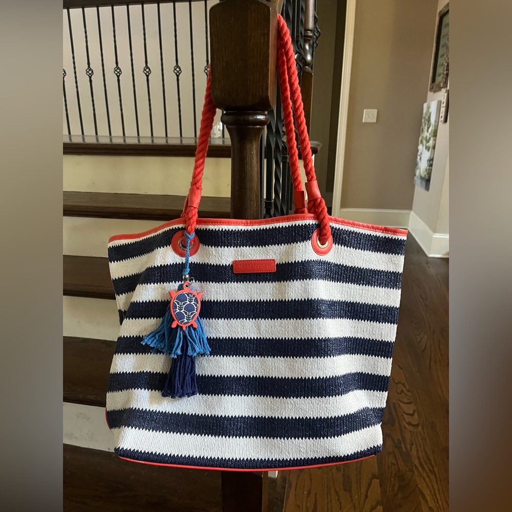Vera Bradley Nautical Striped Tote Bag with RETIRED Cobalt Tile Pattern Accents